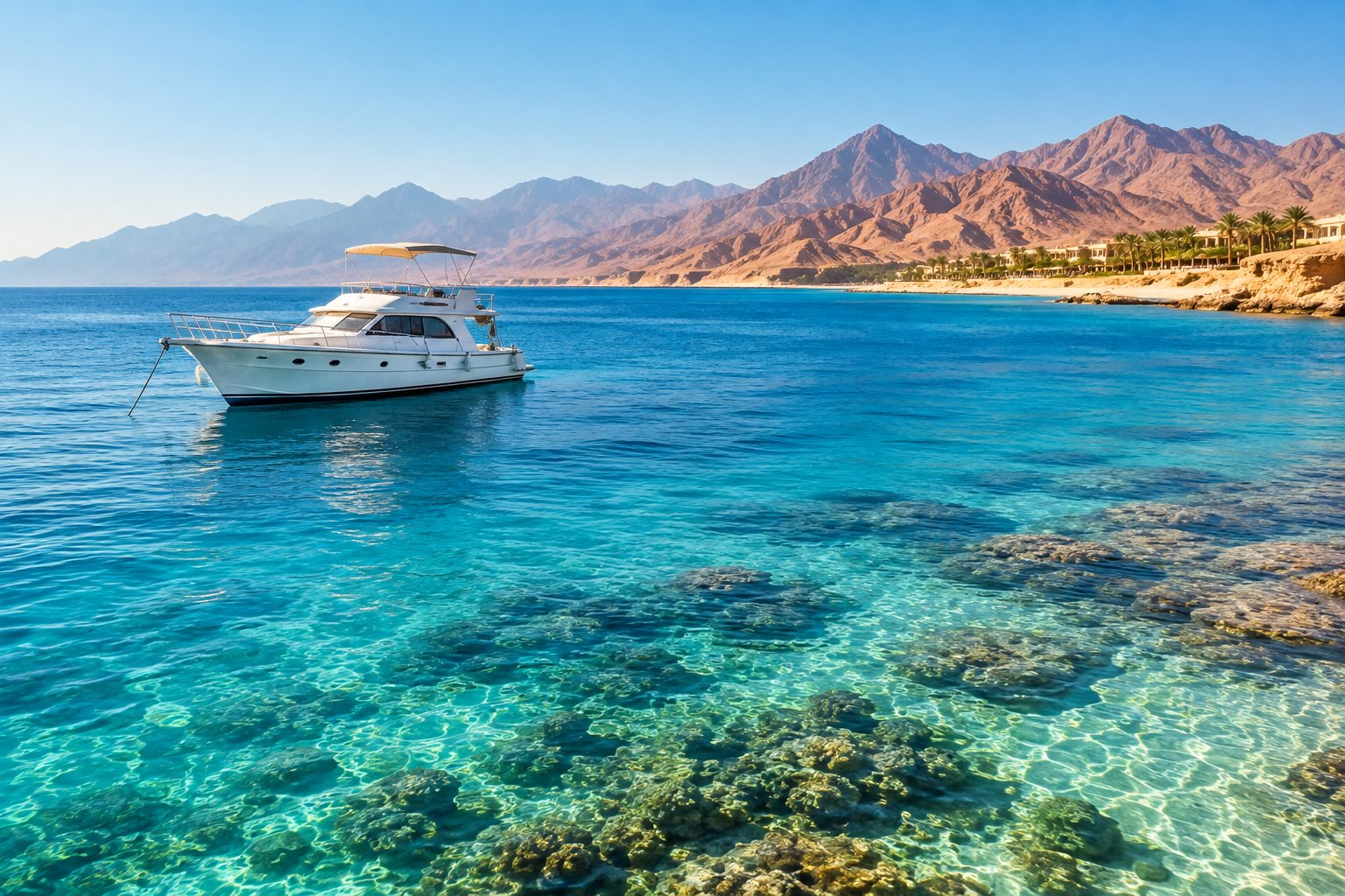 قارب في مياه زرقاء صافية